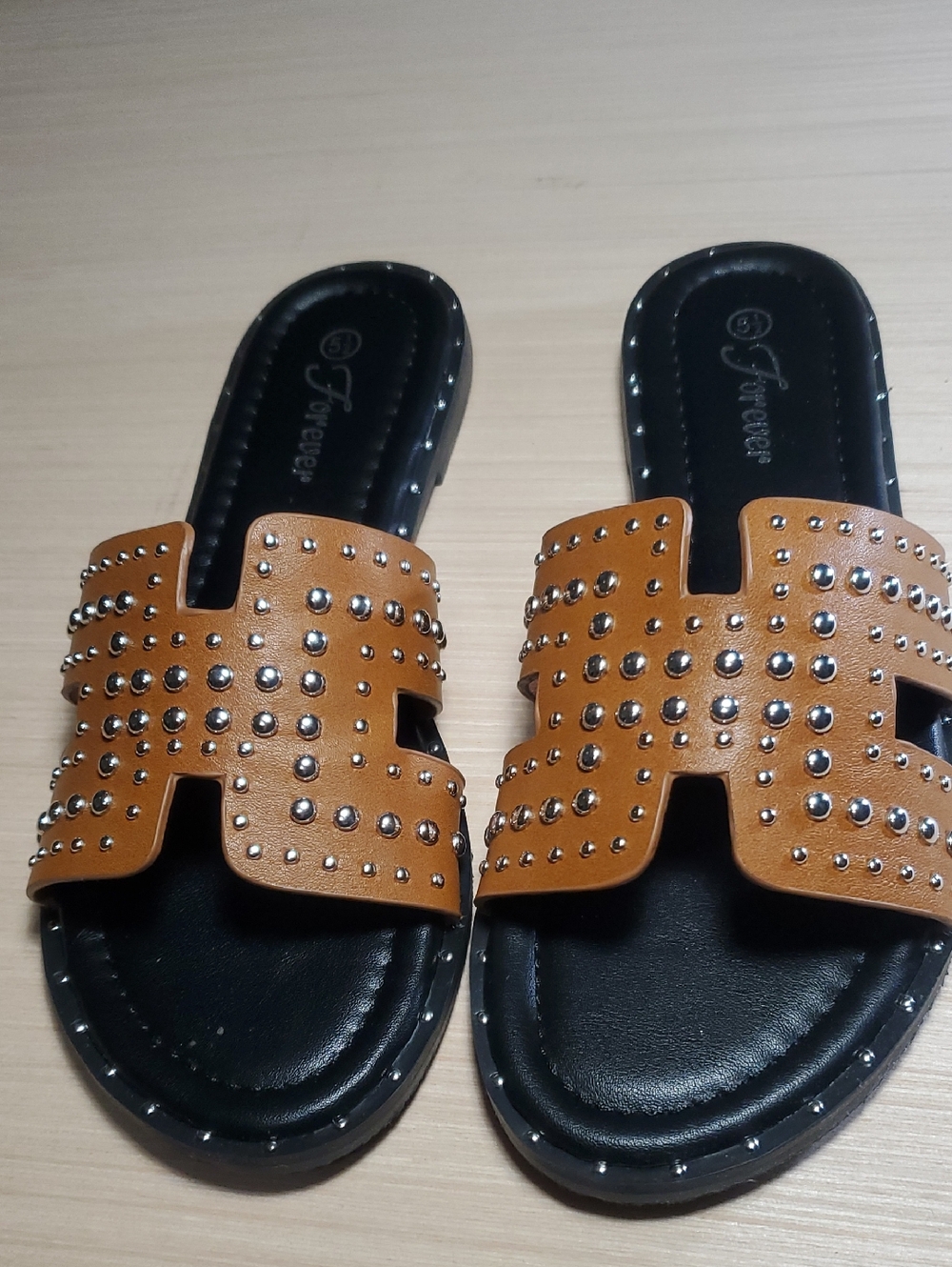 Forever Link Tan Studded Slide Flats